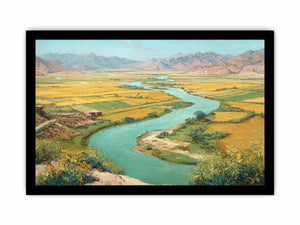 Turquoise river valley landscape canvas art with golden fields and mountains for warm home decor.