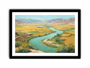 Turquoise river valley landscape canvas art with golden fields and mountains for warm home decor.