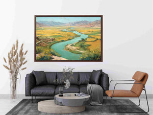 Turquoise river valley landscape canvas art with golden fields and mountains for warm home decor.