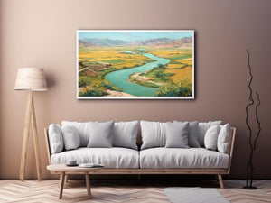 Turquoise river valley landscape canvas art with golden fields and mountains for warm home decor.