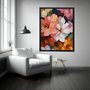 Textured pink and white floral canvas art with expressive petals for elegant bedroom decor.