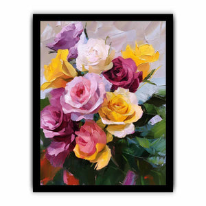 Colorful rose bouquet canvas art with yellow and pink flowers for elegant home decor.