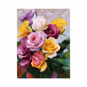 Colorful rose bouquet canvas art with yellow and pink flowers for elegant home decor.