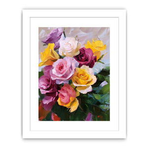 Colorful rose bouquet canvas art with yellow and pink flowers for elegant home decor.
