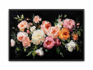 Dramatic floral canvas art with pink and ivory flowers on black background for luxury decor.