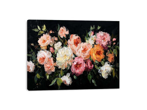 Dramatic floral canvas art with pink and ivory flowers on black background for luxury decor.