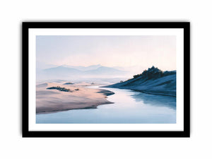 Soft watercolor river desert landscape canvas art for calm bedroom and modern home decor.