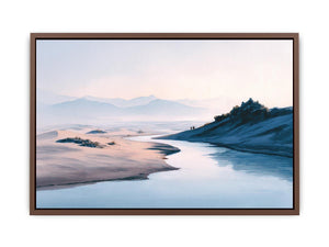 Soft watercolor river desert landscape canvas art for calm bedroom and modern home decor.