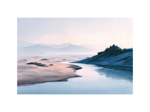 Soft watercolor river desert landscape canvas art for calm bedroom and modern home decor.