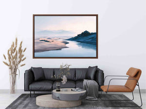 Soft watercolor river desert landscape canvas art for calm bedroom and modern home decor.