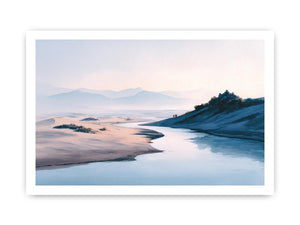 Soft watercolor river desert landscape canvas art for calm bedroom and modern home decor.