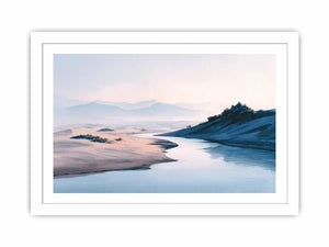 Soft watercolor river desert landscape canvas art for calm bedroom and modern home decor.