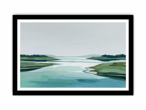 Minimal abstract coastal landscape canvas art with pale water and green shoreline for modern decor.