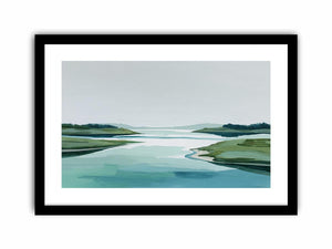 Minimal abstract coastal landscape canvas art with pale water and green shoreline for modern decor.
