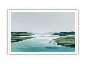 Minimal abstract coastal landscape canvas art with pale water and green shoreline for modern decor.