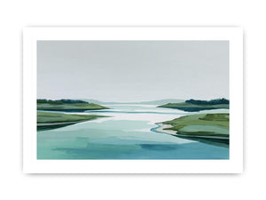 Minimal abstract coastal landscape canvas art with pale water and green shoreline for modern decor.