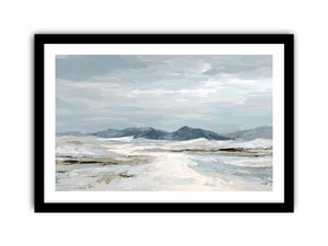 Neutral snow mountain canvas art for calm modern living room decor.