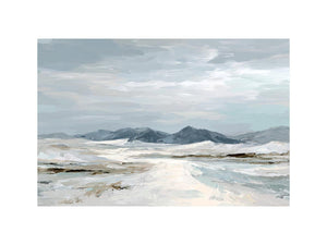 Neutral snow mountain canvas art for calm modern living room decor.