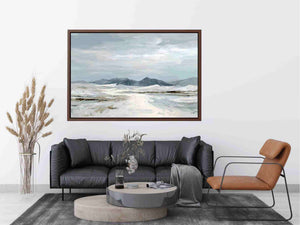 Neutral snow mountain canvas art for calm modern living room decor.