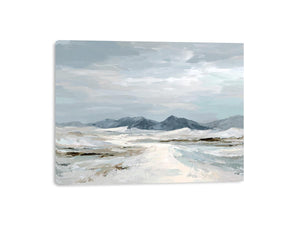 Neutral snow mountain canvas art for calm modern living room decor.