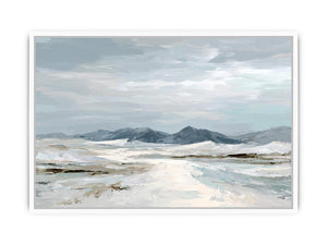 Neutral snow mountain canvas art for calm modern living room decor.