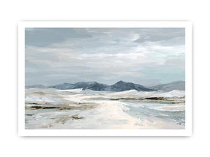 Neutral snow mountain canvas art for calm modern living room decor.