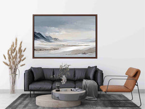 Snowy valley landscape canvas art for peaceful modern bedroom decor.