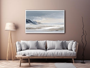 Snowy valley landscape canvas art for peaceful modern bedroom decor.