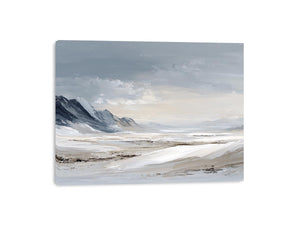 Snowy valley landscape canvas art for peaceful modern bedroom decor.