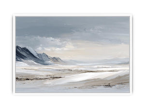 Snowy valley landscape canvas art for peaceful modern bedroom decor.