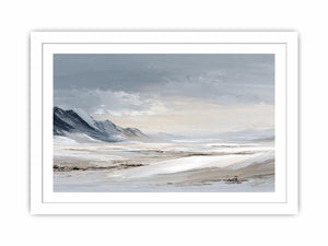 Snowy valley landscape canvas art for peaceful modern bedroom decor.