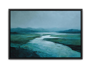 Moody teal river landscape canvas art for modern living room decor.