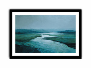 Moody teal river landscape canvas art for modern living room decor.