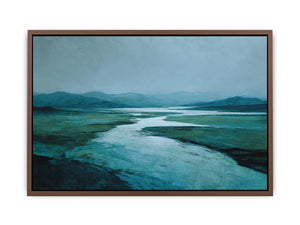Moody teal river landscape canvas art for modern living room decor.