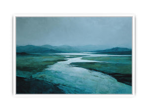 Moody teal river landscape canvas art for modern living room decor.