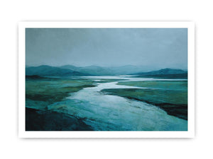 Moody teal river landscape canvas art for modern living room decor.