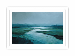 Moody teal river landscape canvas art for modern living room decor.