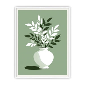 Sage green botanical vase canvas art for minimalist bedroom decor.