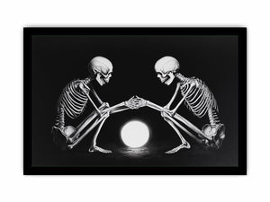 Black and white skeleton moon canvas art for moody bedroom decor.