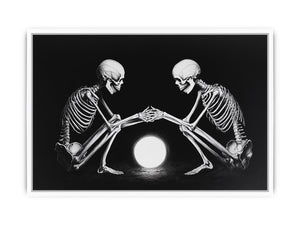 Black and white skeleton moon canvas art for moody bedroom decor.