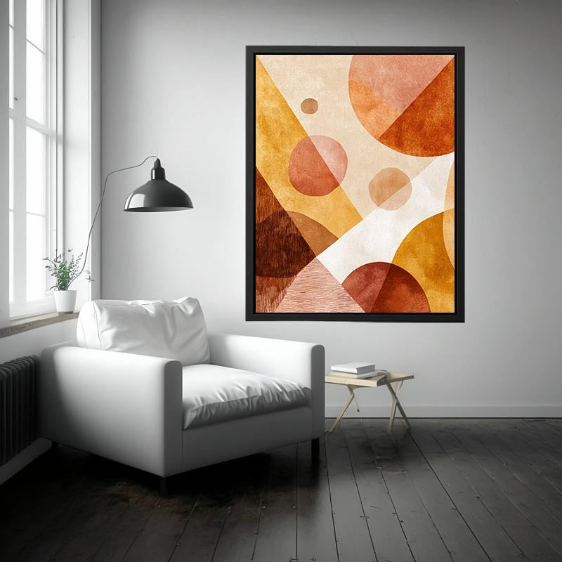 Terracotta geometric abstract canvas art for warm modern hallway decor.