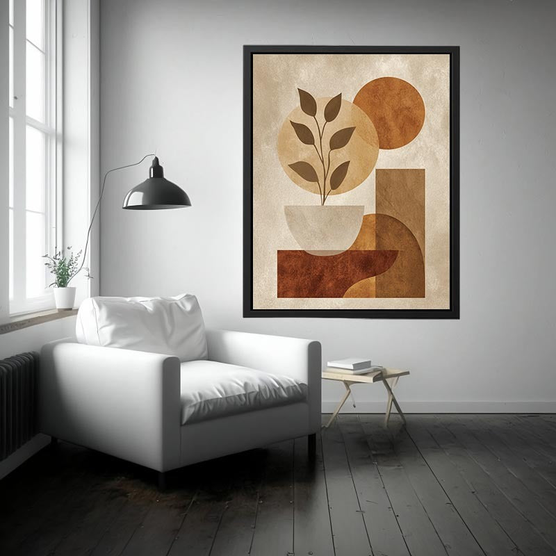 Abstract botanical vase with earthy geometric shapes for modern living room decor.