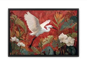 White heron flying through red tropical botanical garden canvas art for dining room decor.