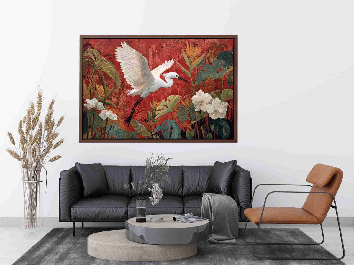 White heron flying through red tropical botanical garden canvas art for dining room decor.