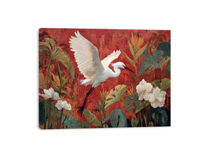 White heron flying through red tropical botanical garden canvas art for dining room decor.