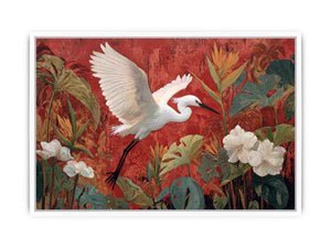 White heron flying through red tropical botanical garden canvas art for dining room decor.