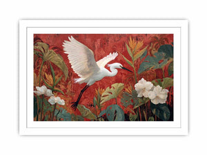 White heron flying through red tropical botanical garden canvas art for dining room decor.