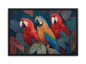 Colorful macaw parrot trio in tropical foliage canvas art for modern living room decor.