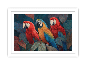 Colorful macaw parrot trio in tropical foliage canvas art for modern living room decor.
