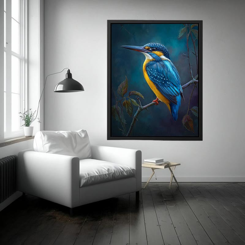 Blue kingfisher bird on branch canvas art for elegant office or bedroom decor.